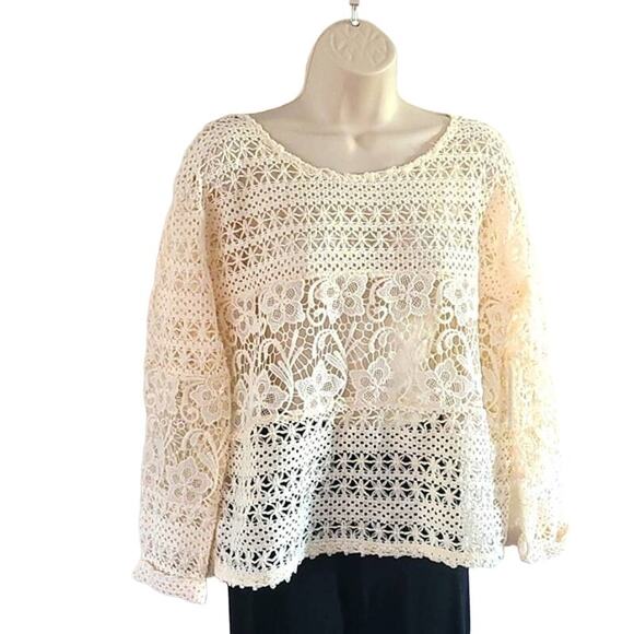 Charming Charlie Cream Lace Crochet Blouse with Sheer Back Size Large - Picture 5 of 7